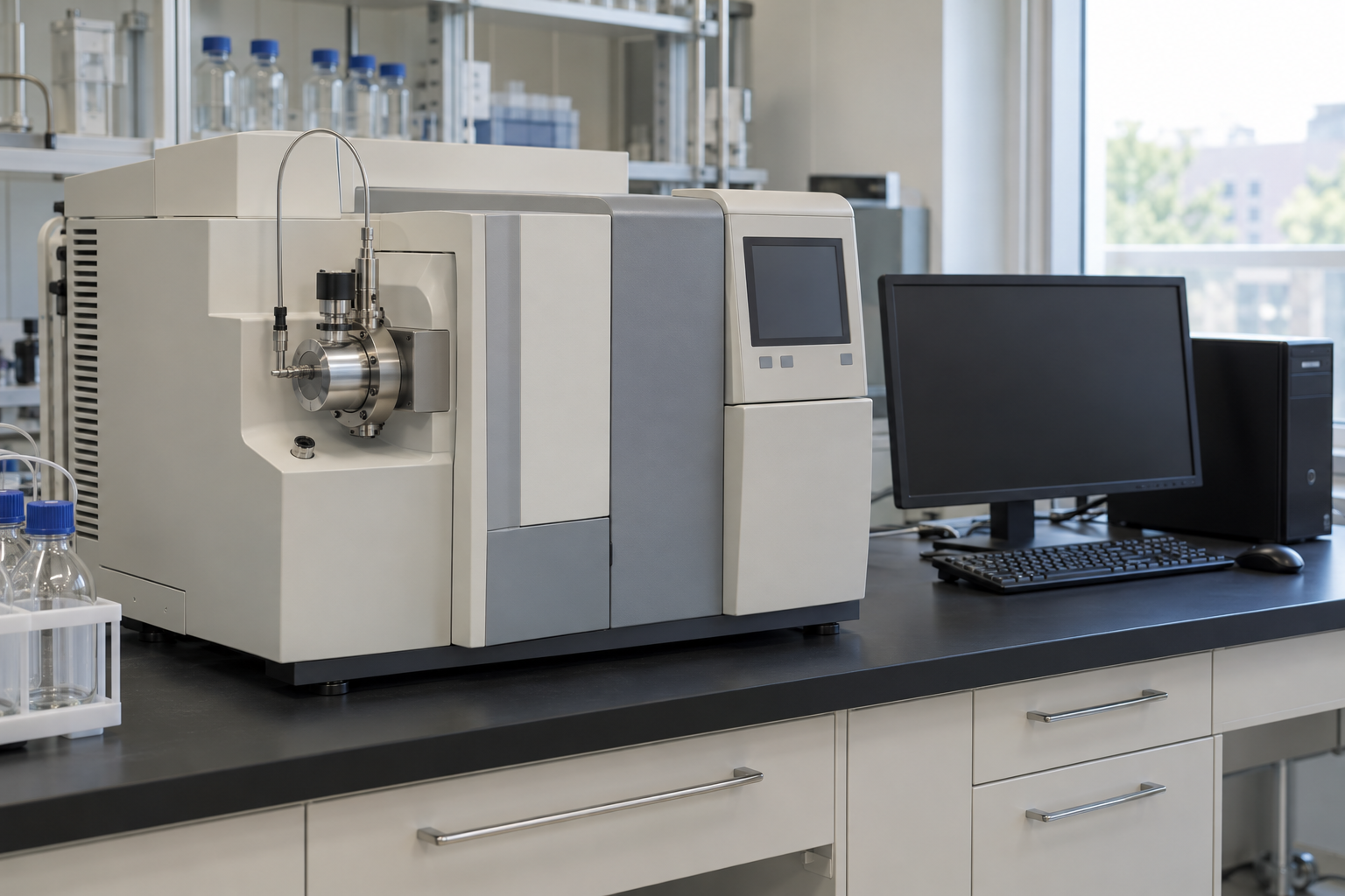 A benchtop mass spectrometer in a laboratory: a boxy instrument with a metal sample inlet at the front, beside a desktop computer on the bench.