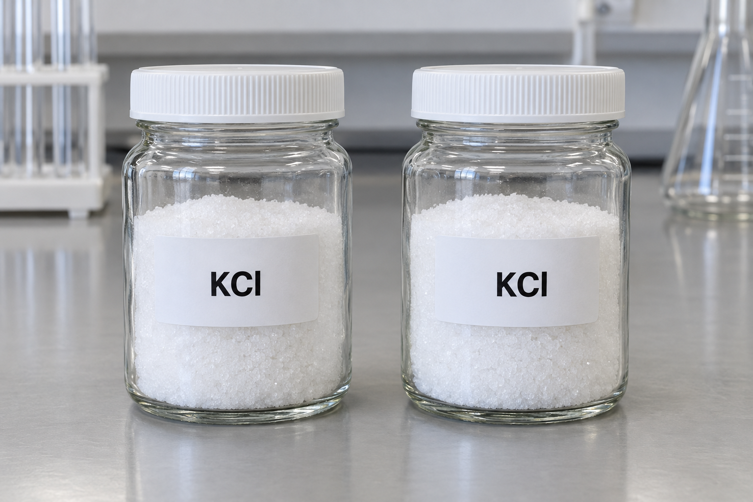 Two identical glass jars on a laboratory bench, each holding the same fine white powder, each labeled KCl.