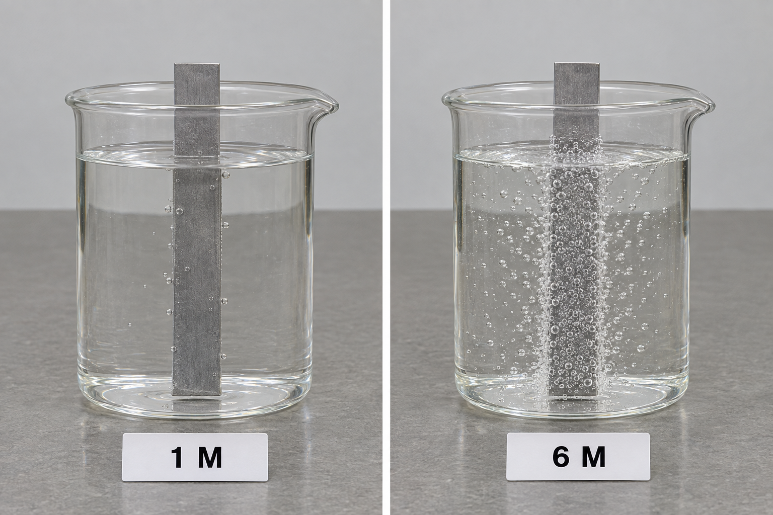 Two beakers side by side, each holding an identical strip of zinc in a clear acid. In the beaker labeled 1 M, a few sparse bubbles rise off the strip. In the beaker labeled 6 M, the liquid fizzes vigorously with dense streams of bubbles.