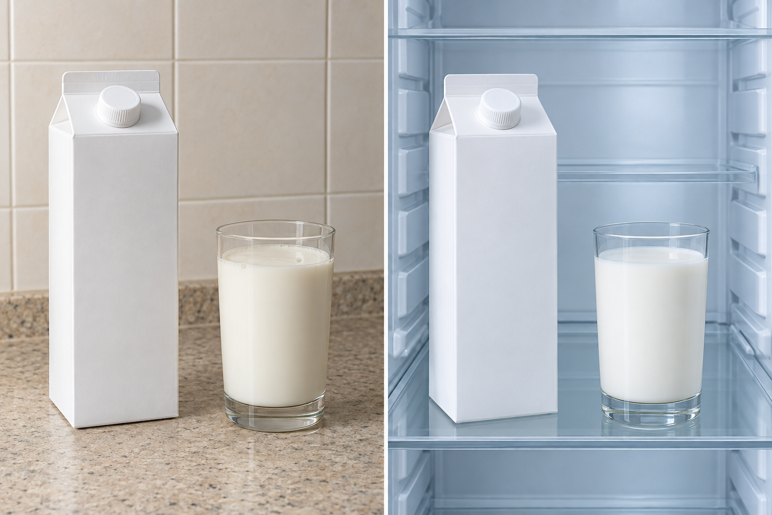 Two panels. On the left, a milk carton stands on a kitchen counter beside a glass of milk beginning to curdle. On the right, the same carton stands inside an open refrigerator beside a glass of smooth, fresh milk.