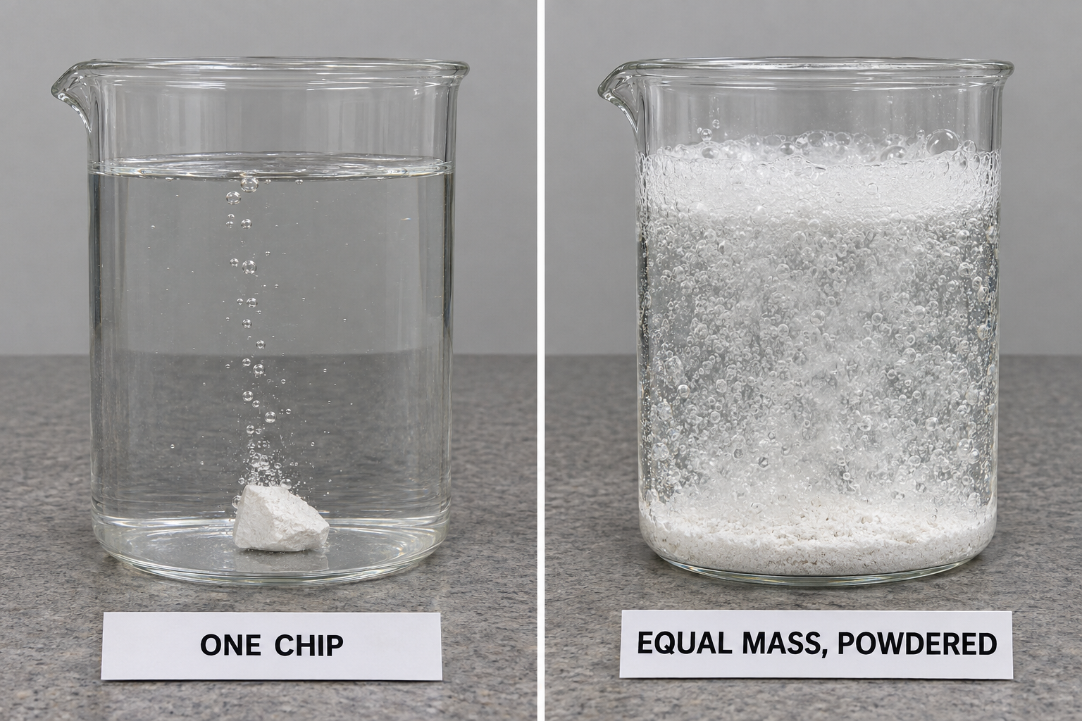 Two identical beakers of the same acid. In the beaker labeled one chip, a single marble chip rests on the bottom with a gentle stream of bubbles rising from it. In the beaker labeled equal mass, powdered, white powder covers the bottom and the liquid above froths with dense foam.