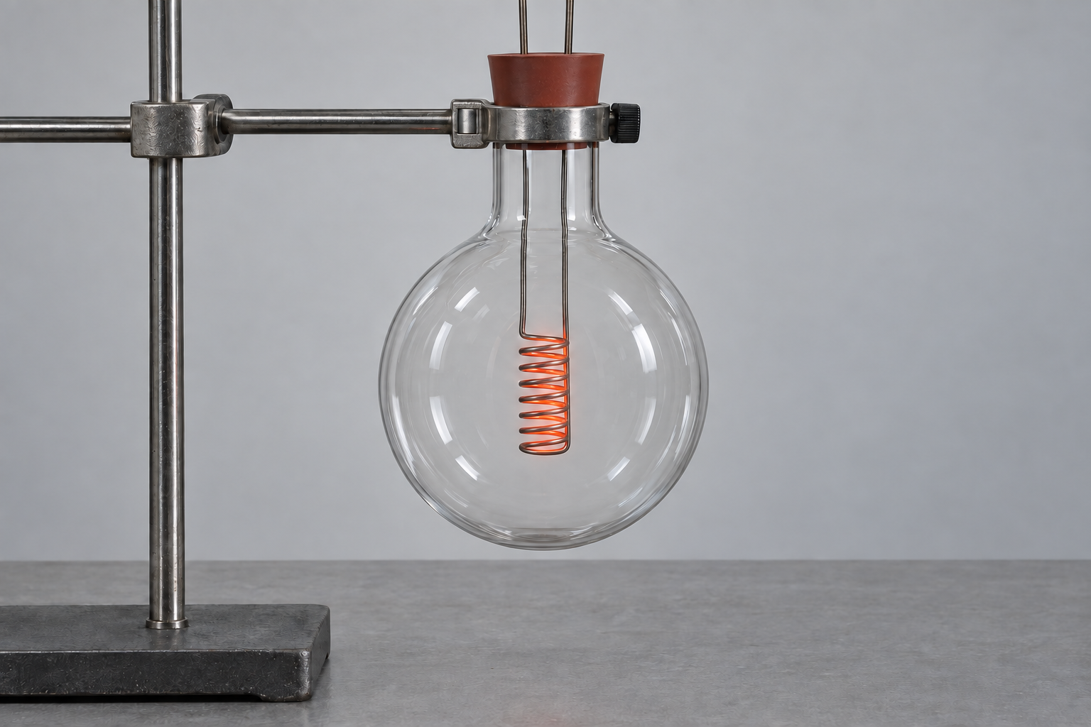 A thin coiled platinum wire hangs inside a sealed flask of colorless gas. The wire glows dull orange, heated through two metal leads that pass through the flask's stopper.