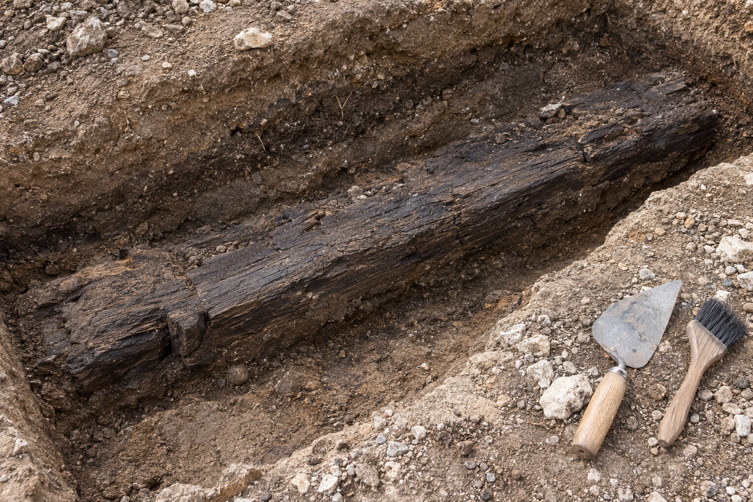 An excavation trench with an ancient wooden beam partly uncovered in the soil, a trowel and brush resting beside it.