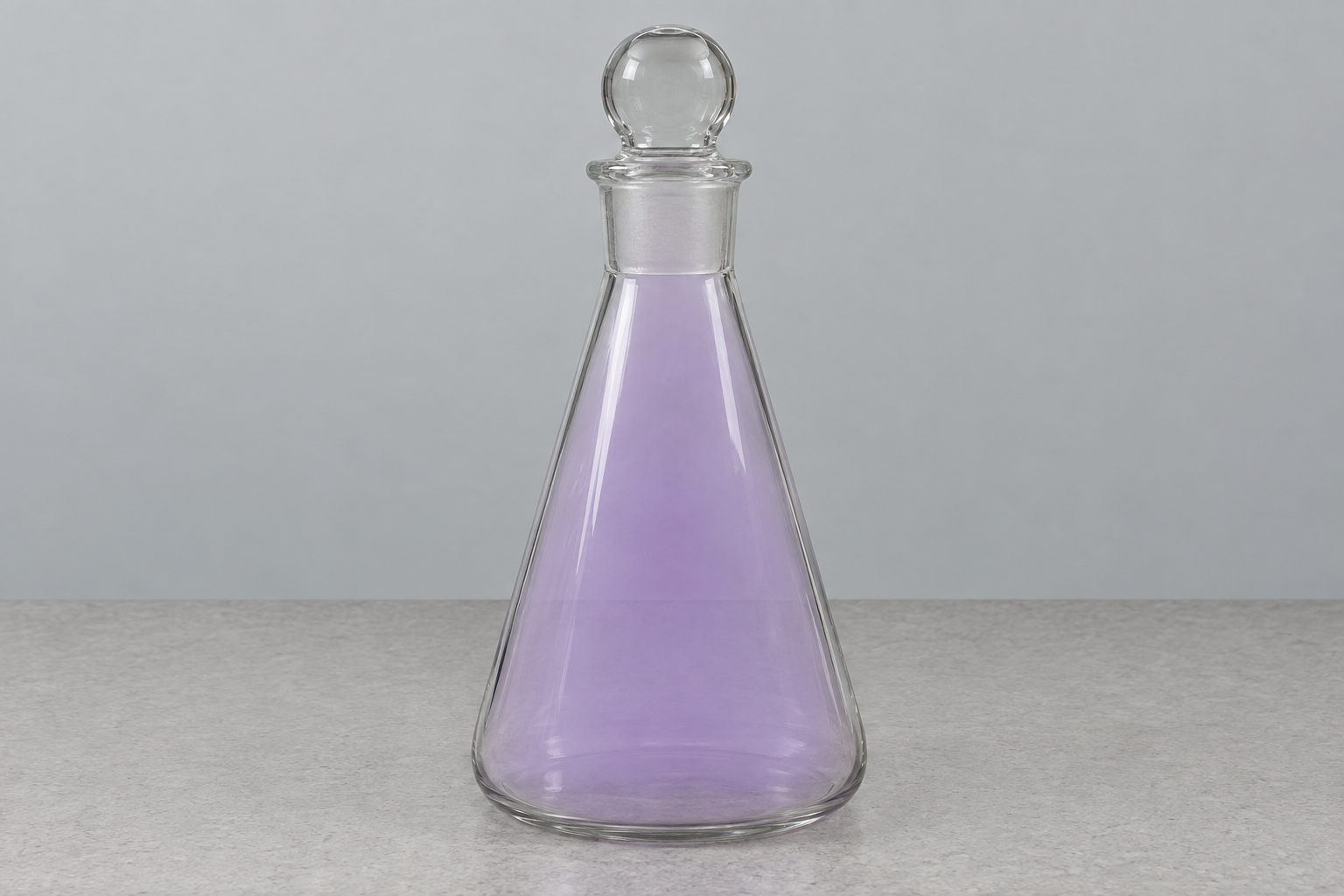 A sealed glass flask on a plain laboratory bench holds a visibly purple vapor mixed with a colorless gas. Nothing in the flask is changing.
