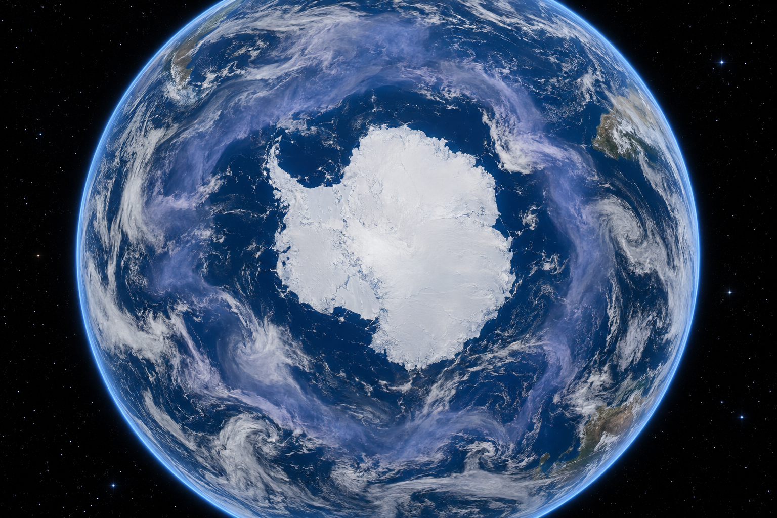 Earth seen from space, looking down on Antarctica. A thin haze layer — standing for the invisible ozone layer — has a wide gap over the white continent, where the haze is missing.