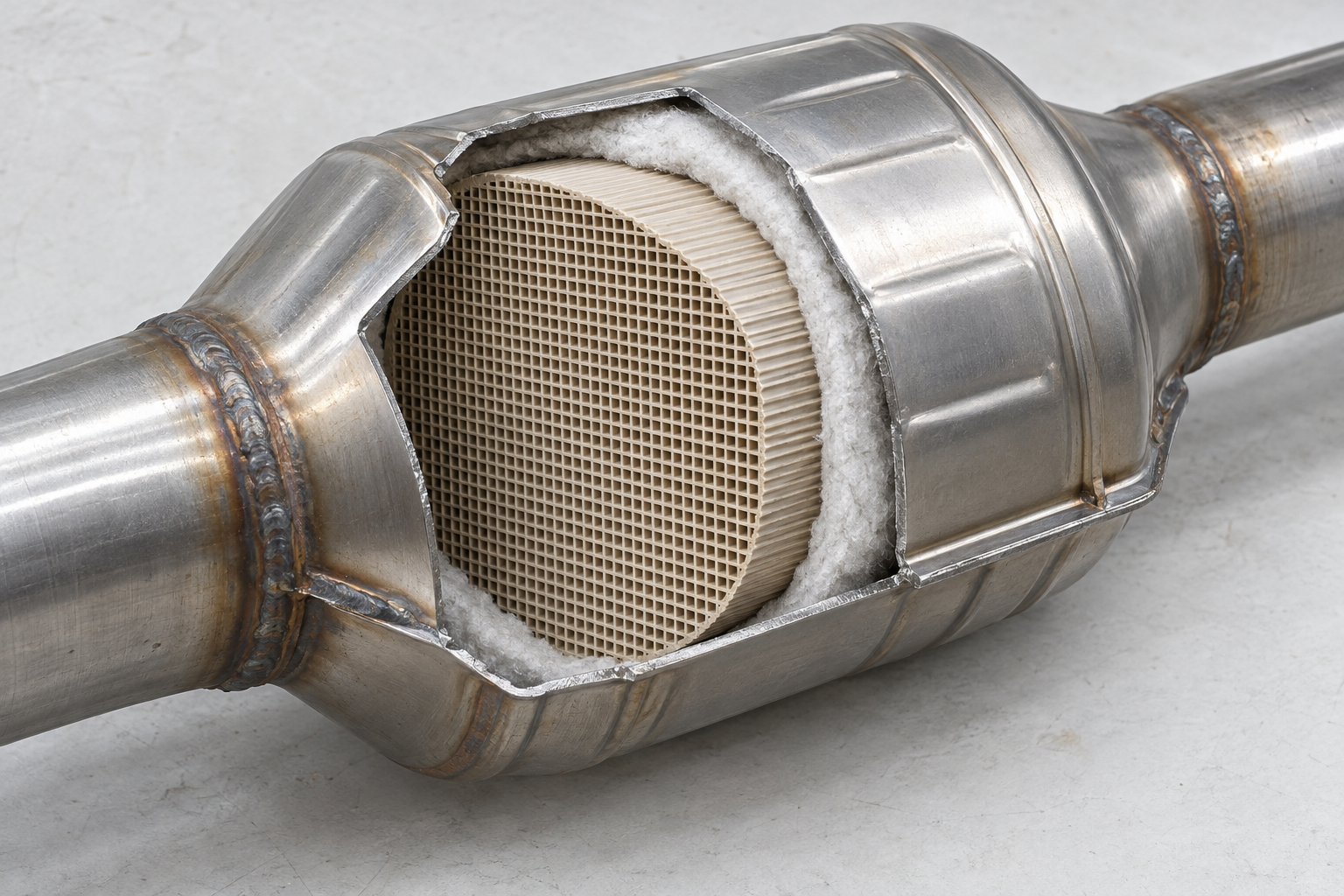 A metal canister cut open to show a dense ceramic honeycomb inside, its many small channels visible end-on, mounted in a car's exhaust pipe.