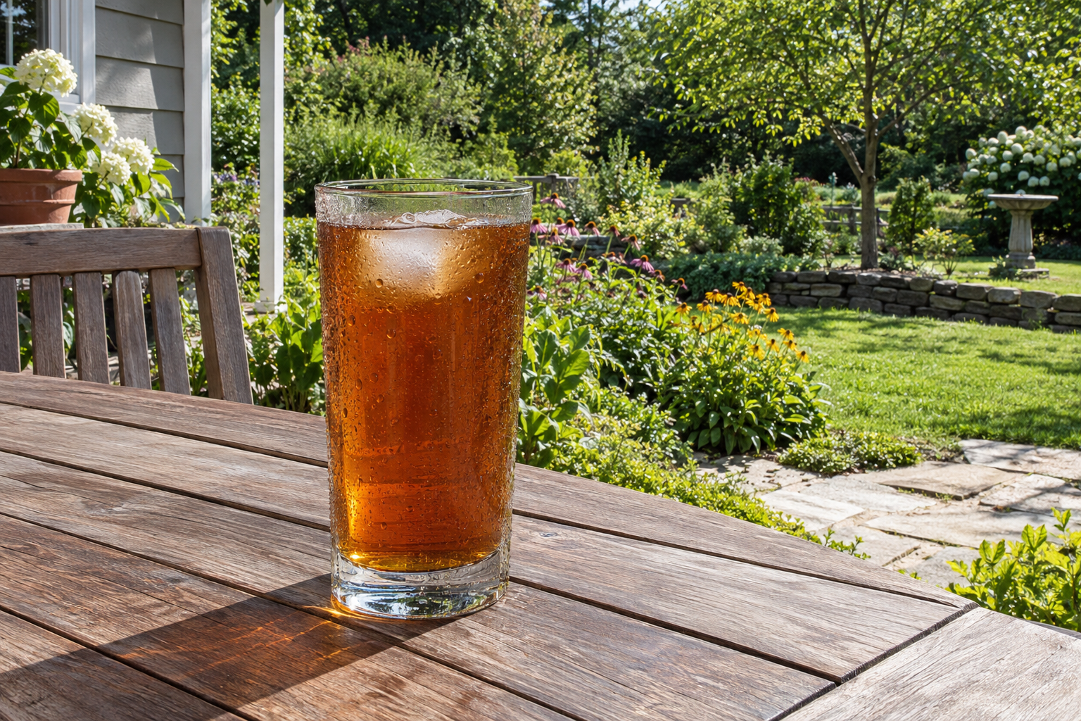 A tall glass of iced tea on a wooden porch table in bright sunshine, with one ice cube floating in the tea and condensation on the glass.