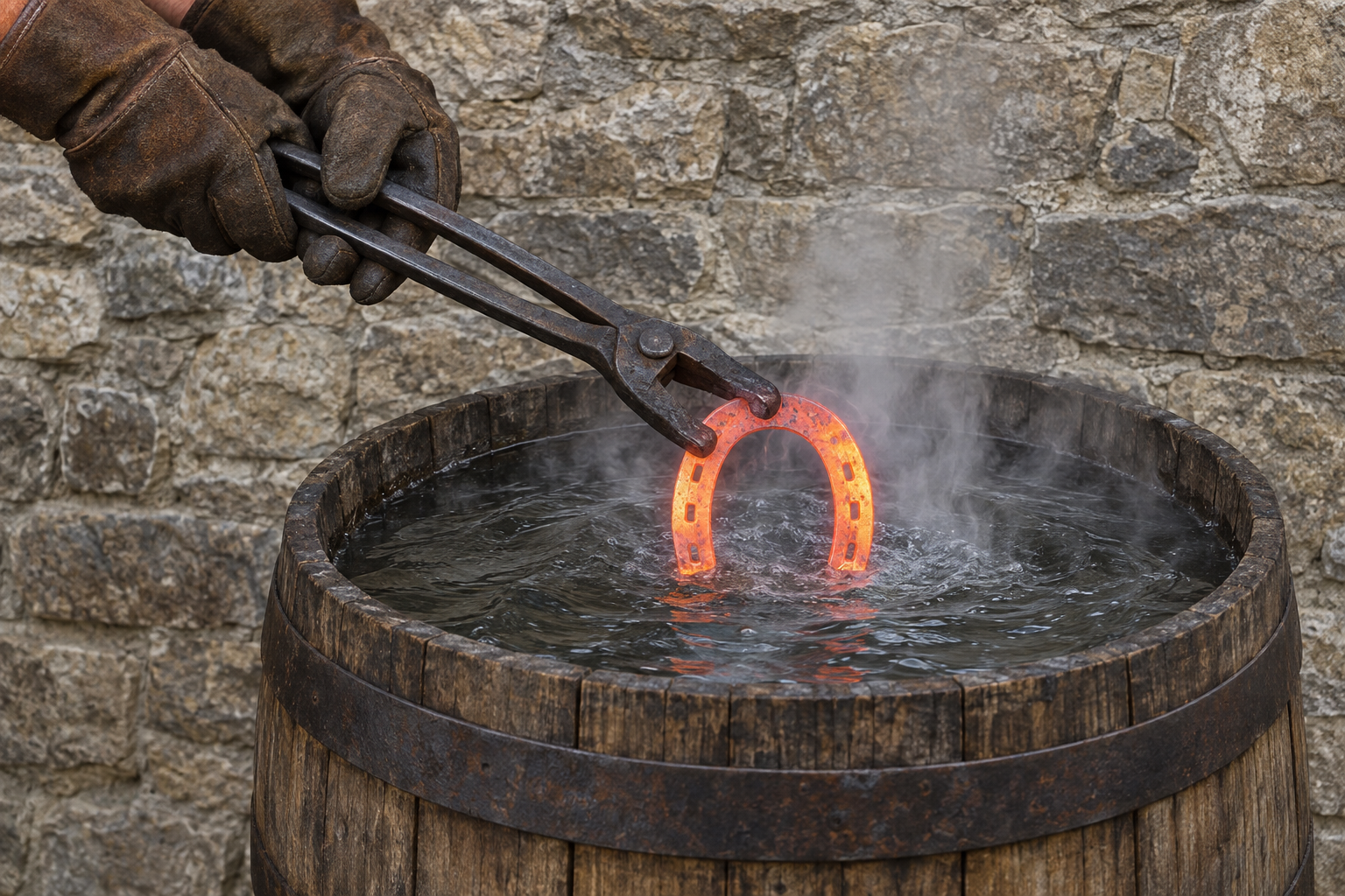A blacksmith's gloved hands lower a glowing horseshoe on tongs into a wooden barrel of water, and steam rises off the surface.