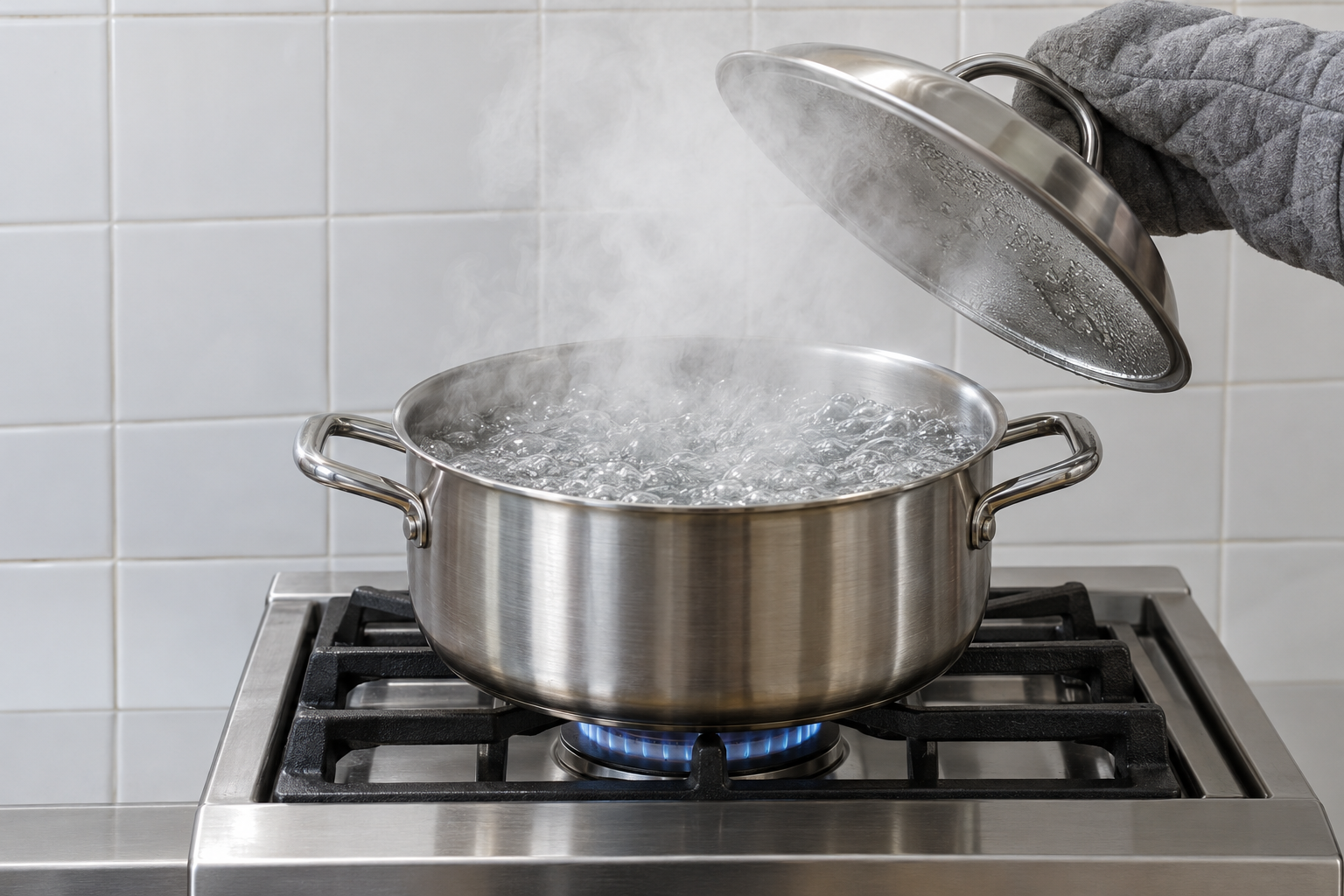 A pan of boiling water on a stove with its lid lifted, and steam rising off the surface.
