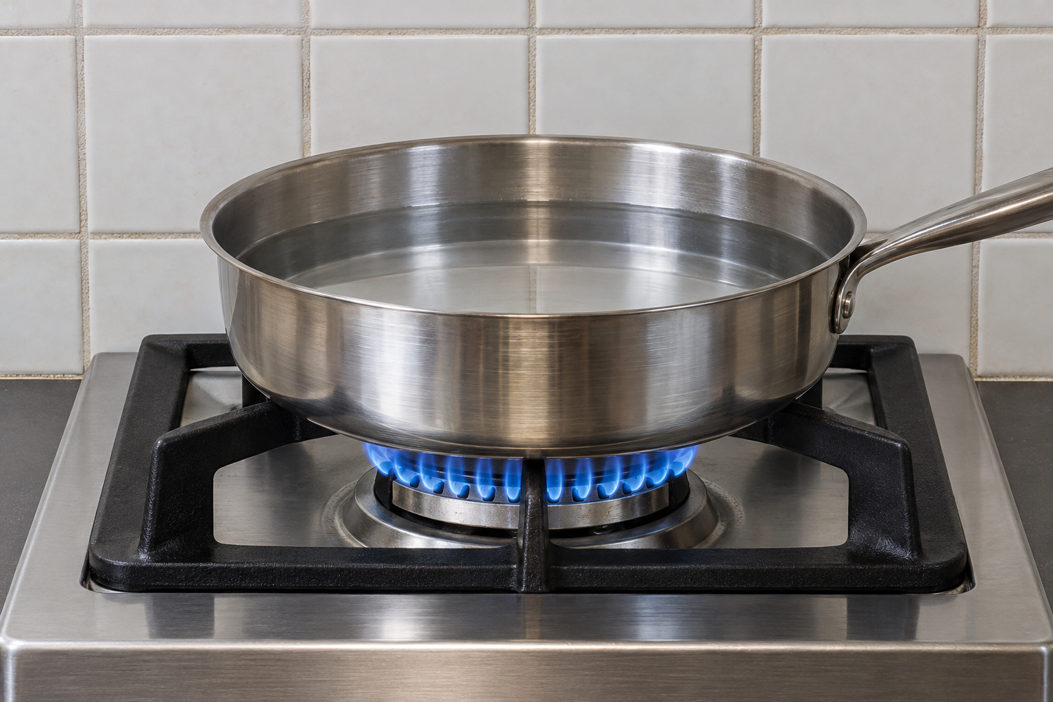 A lit gas-stove burner with a blue flame under a metal pan.