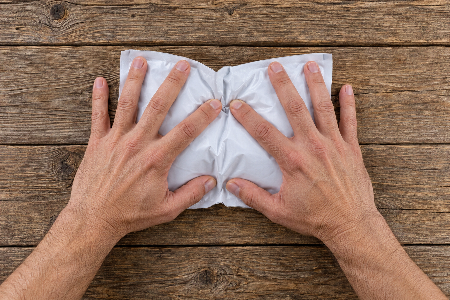Two hands squeezing a flexible instant cold pack.