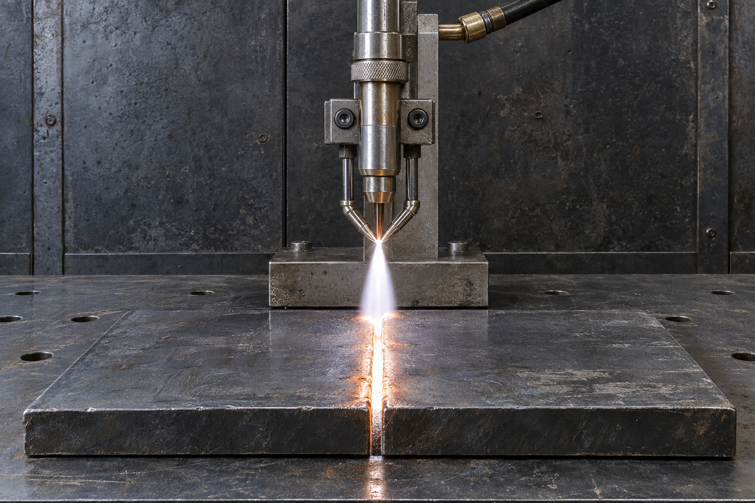 An atomic hydrogen welding torch pointed at two steel plates, a narrow bright flame at its tip.