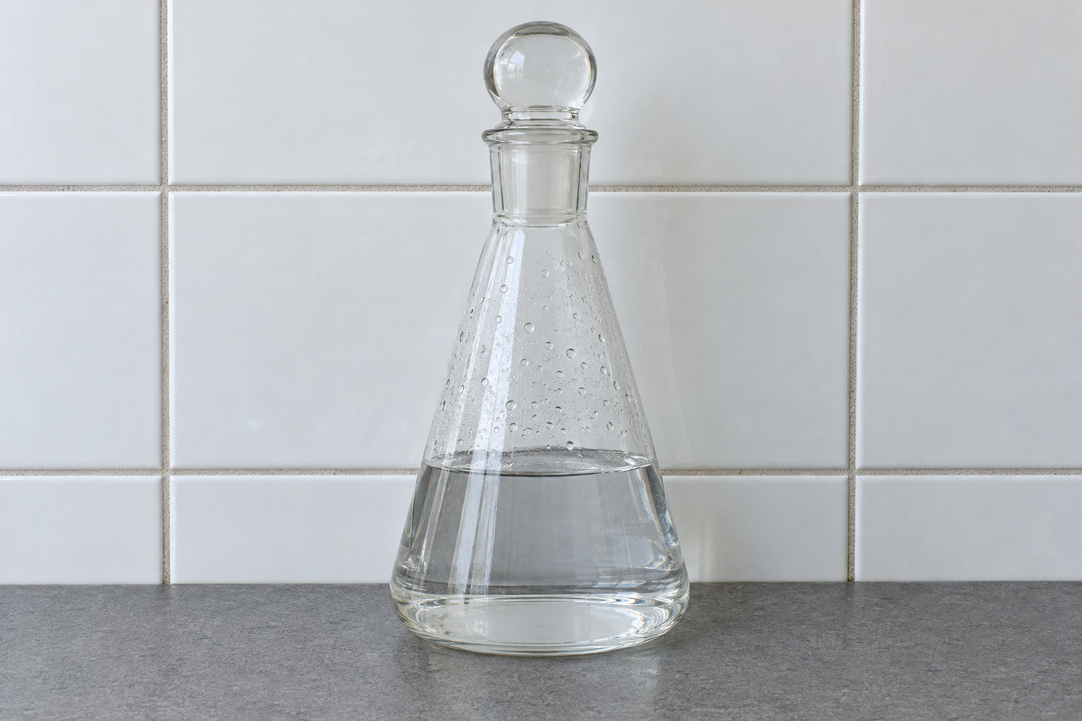 A stoppered glass flask part-filled with water. Fine mist beads cling to the inside of the glass above the liquid.