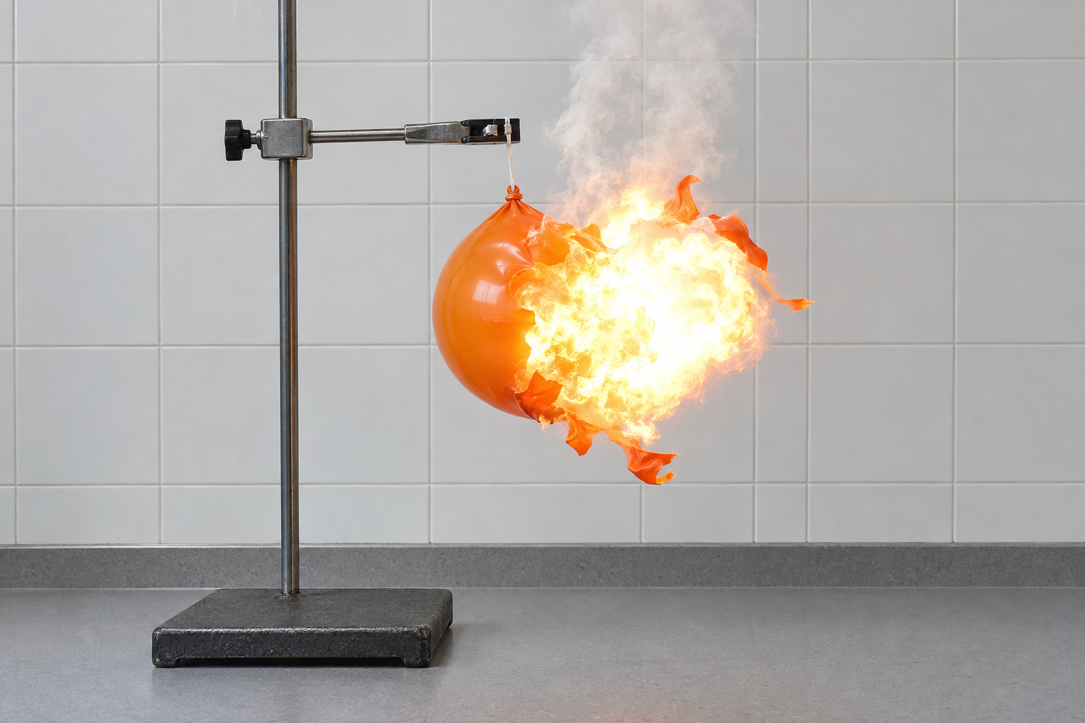 A round balloon bursting into a bright orange-white flash above a laboratory bench.