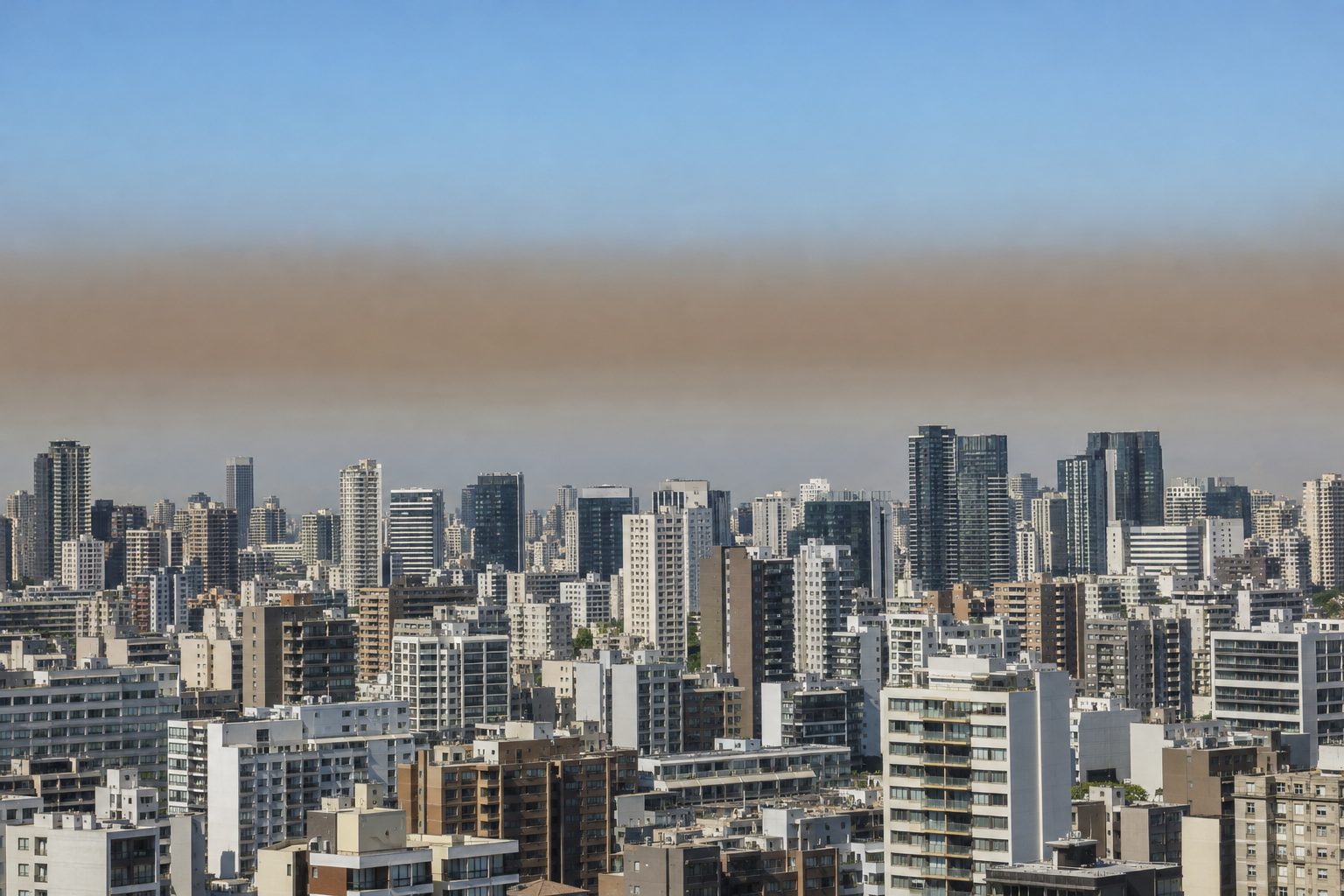 A city skyline under a layer of brown haze, photographed from a distance in daylight.