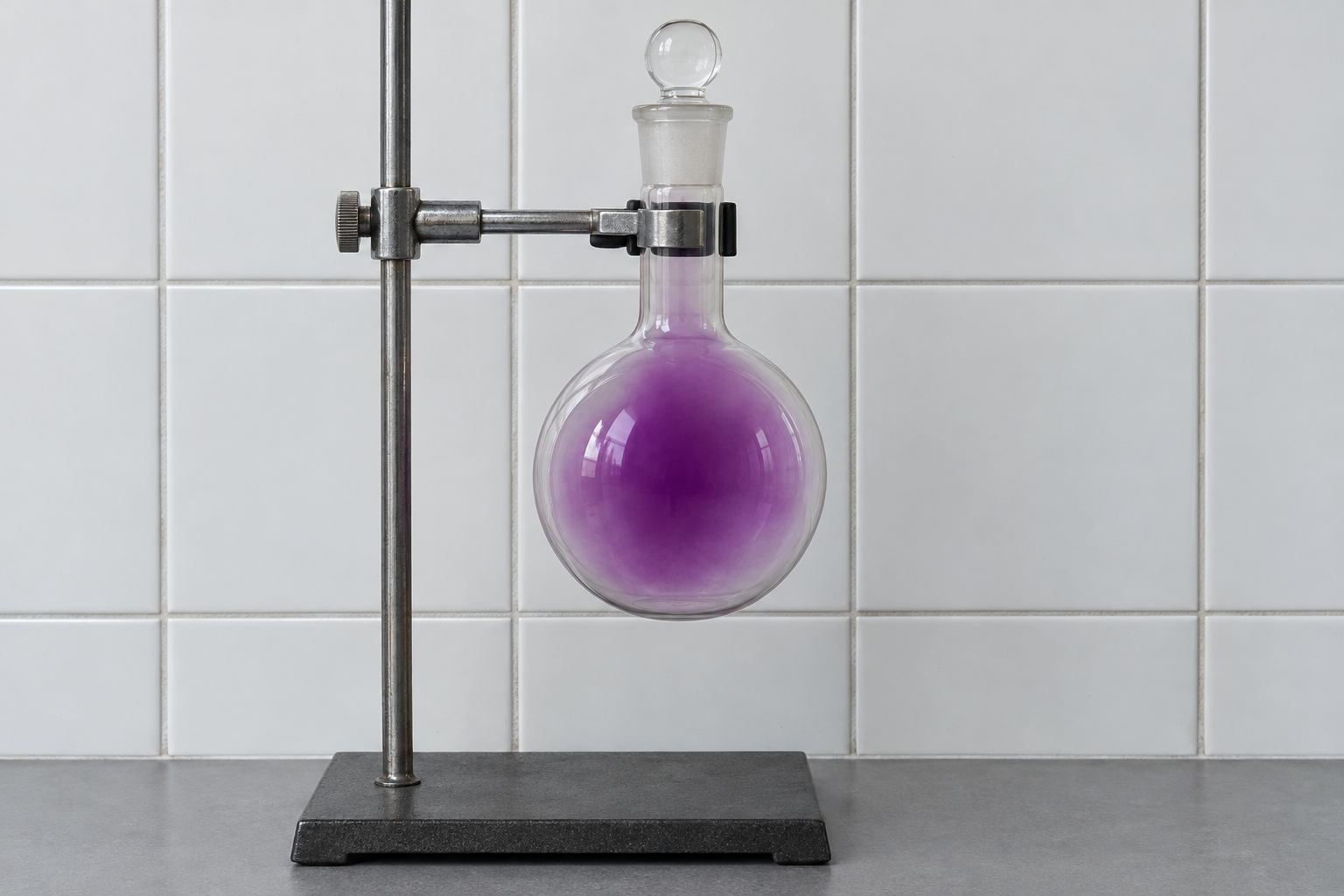 A sealed glass flask on a laboratory bench, filled with violet vapor.