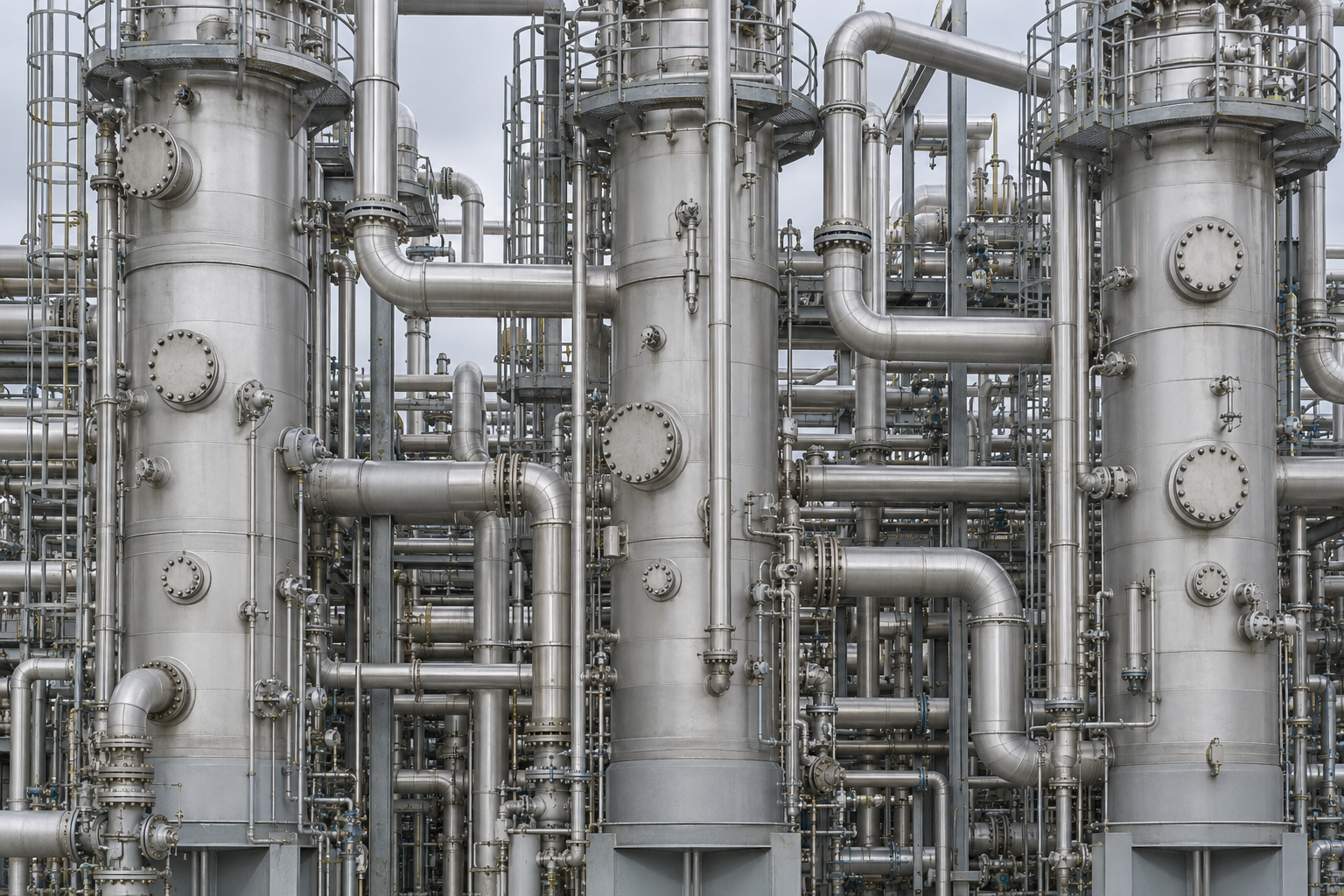 An industrial ammonia plant: tall steel reactor columns and pipework against the sky.