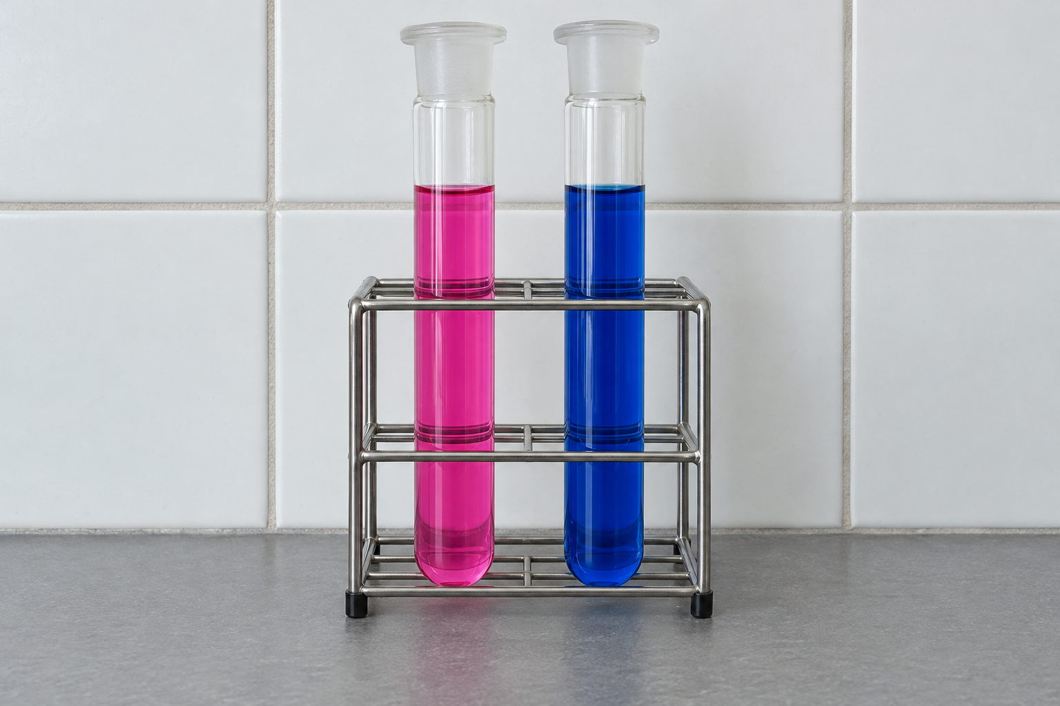 Two test tubes with ground-glass necks side by side in a rack: one holds a pink solution, the other a deep blue solution.