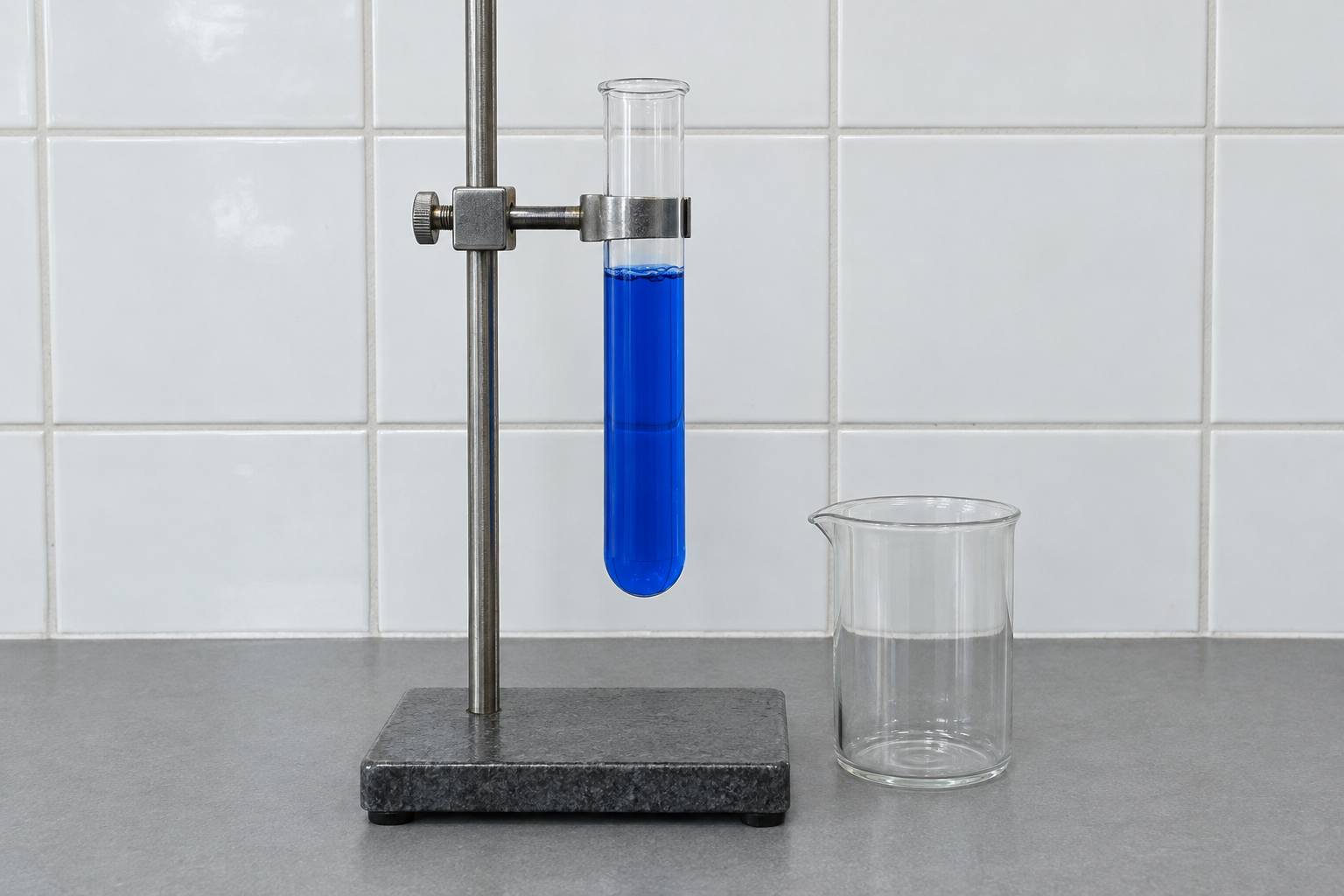 A test tube of deep blue solution held in a clamp on a stand, with an empty beaker beside it on the lab bench.