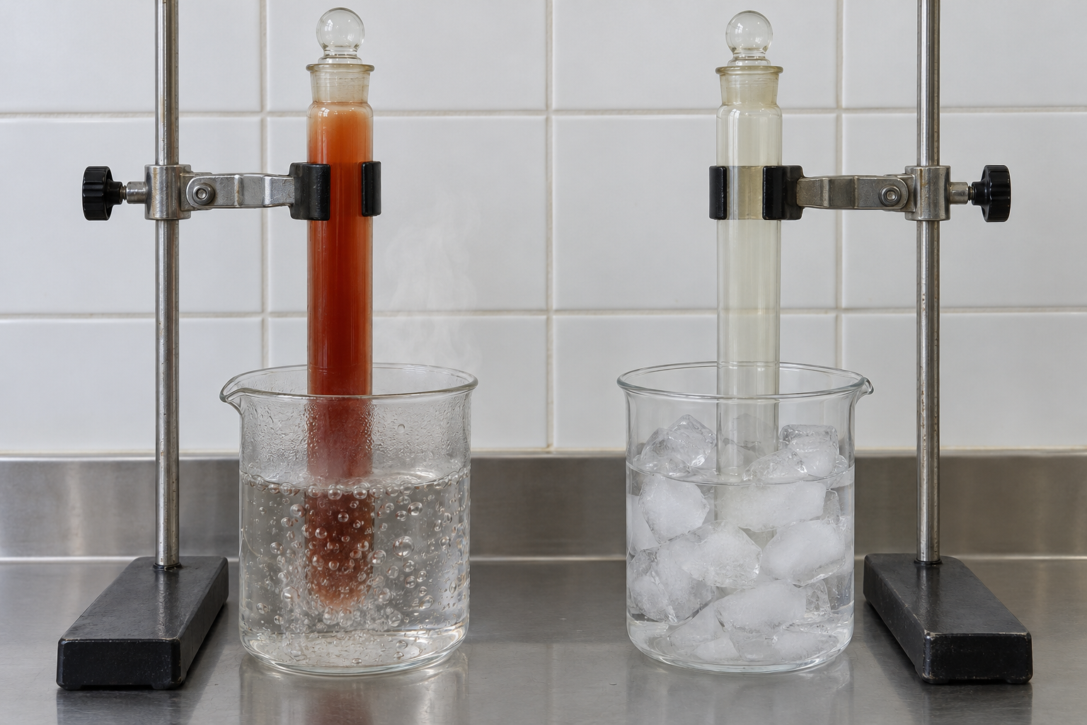 Two sealed glass tubes in beakers of water: the tube in the steaming beaker holds a deep red-brown gas, and the tube in the iced beaker holds a nearly colorless gas.