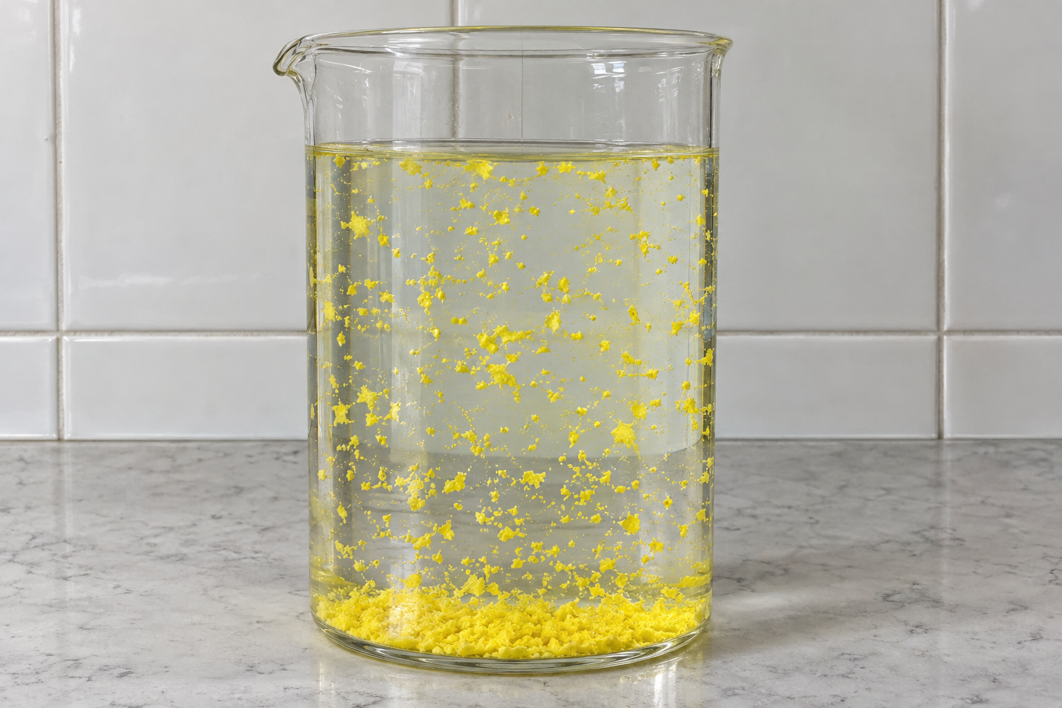 A demonstration beaker of clear solution with glittering yellow flakes of lead iodide drifting down and settling into a yellow layer at the bottom.