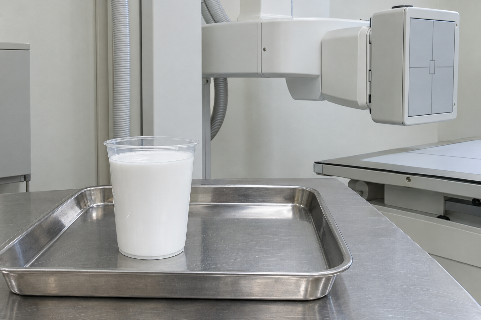 A cup of thick, opaque white barium sulfate suspension on a tray in a hospital X-ray room.