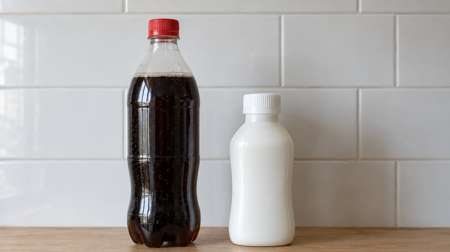 A kitchen shelf with two containers side by side: a capped bottle of dark soft drink and a small white bottle of antacid liquid.
