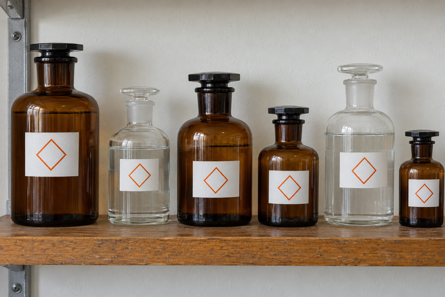 A stockroom shelf holding a row of stoppered glass bottles of acid, each carrying a hazard-diamond label.