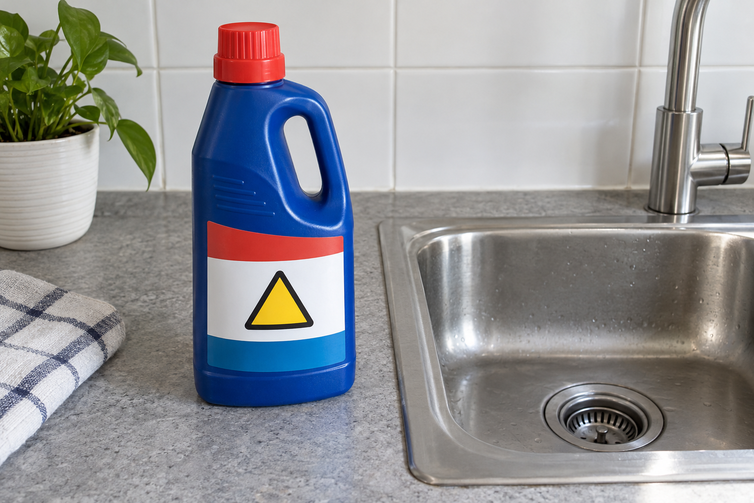 A plastic drain-cleaner bottle on a counter beside a sink drain, with a warning label on the front.