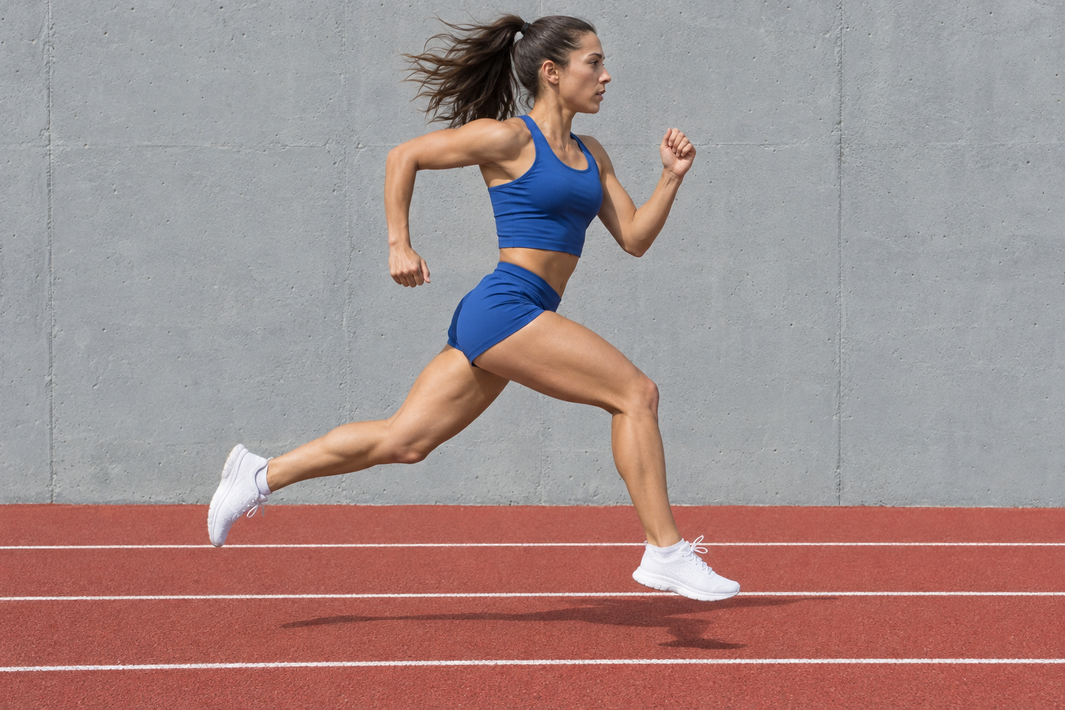 A runner mid-sprint on an outdoor track.