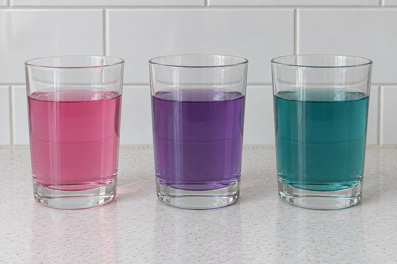 Three clear glasses of red-cabbage water in a row on a plain counter: the liquid in the first glass is pink, in the second glass purple, and in the third glass blue-green.