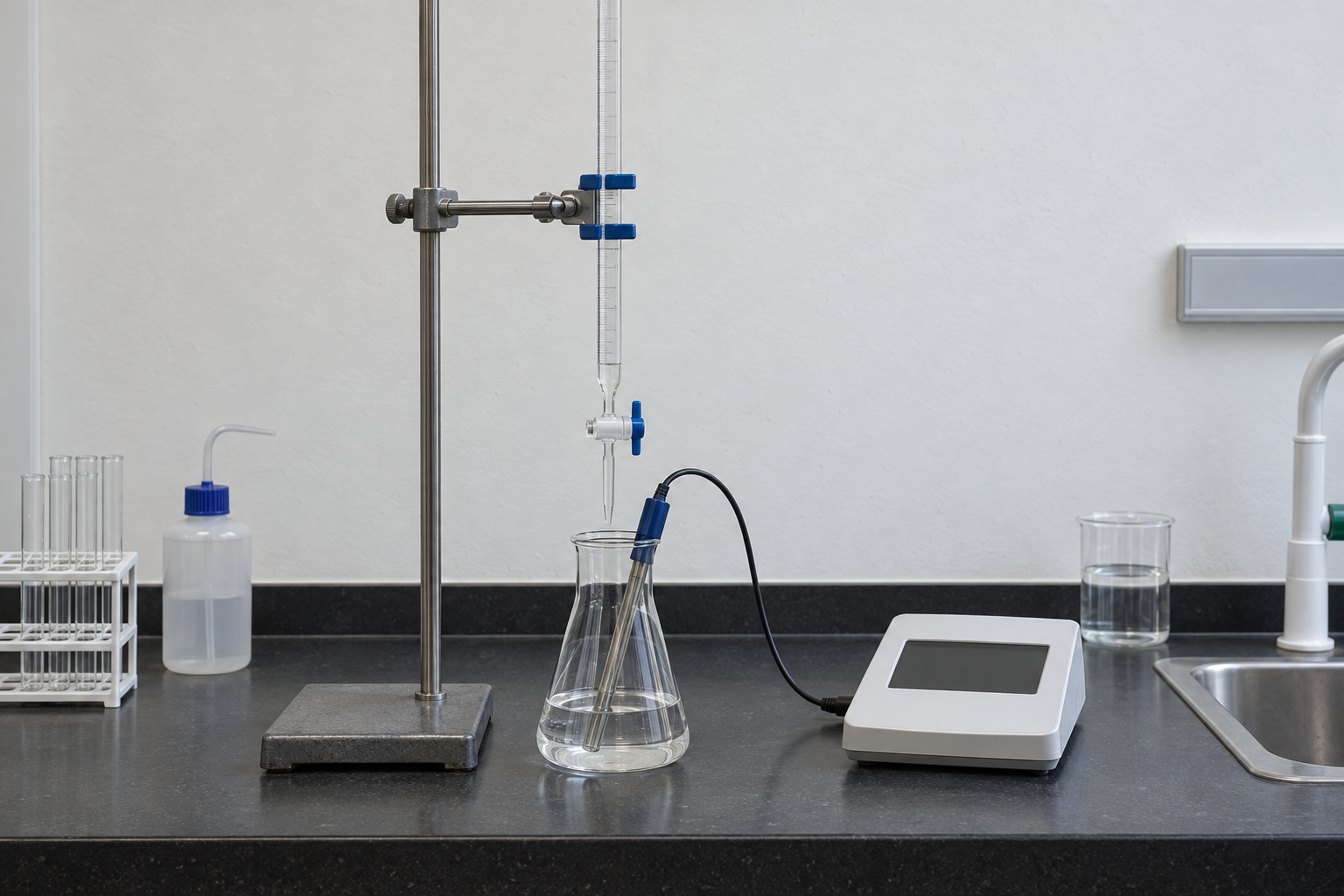 A laboratory bench: a buret held in a clamp above a conical flask of clear liquid, with a slim pH probe standing in the flask and a small meter with a dark display beside it.