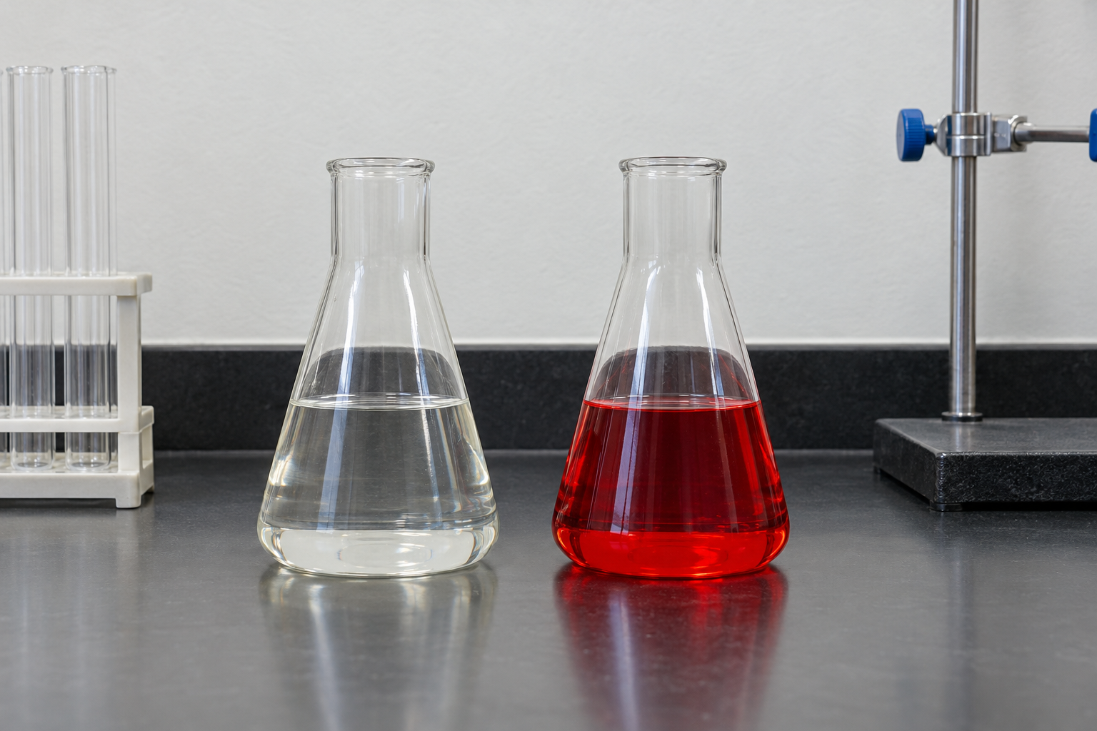 Two matching conical flasks of liquid side by side on a laboratory bench: the liquid in one flask is pale and almost colorless, and the liquid in the other is flushed a deep red.