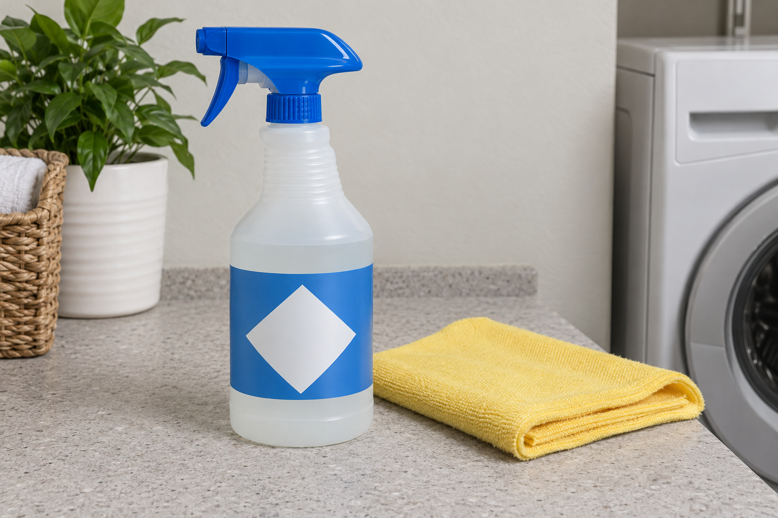 A plastic spray bottle of household ammonia cleaner on a countertop, beside a folded cleaning cloth.