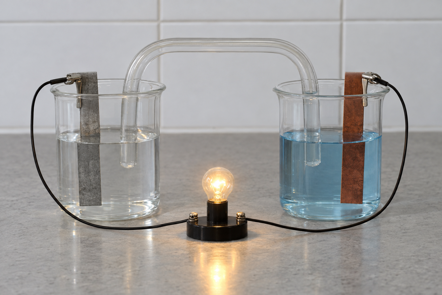 A laboratory bench with two glass beakers side by side. A gray metal strip stands in one beaker and a reddish metal strip in the other. An upside-down U-shaped glass tube dips into both beakers, and wires lead from the two strips to a small glowing bulb.