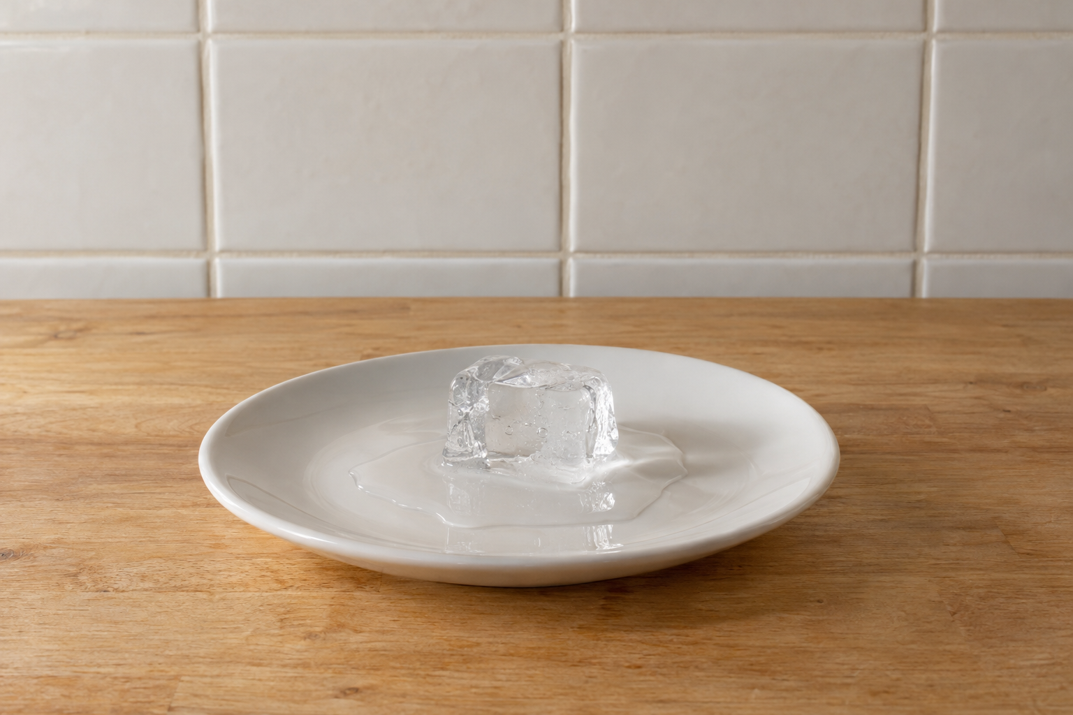 An ice cube on a small white plate, partly melted, with a puddle of water spreading around it on a kitchen table.
