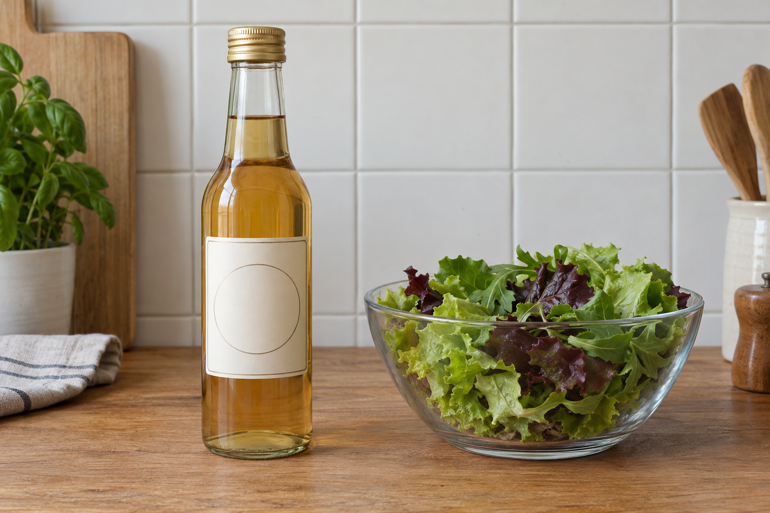 A glass bottle of vinegar on a kitchen table, beside a bowl of salad leaves.