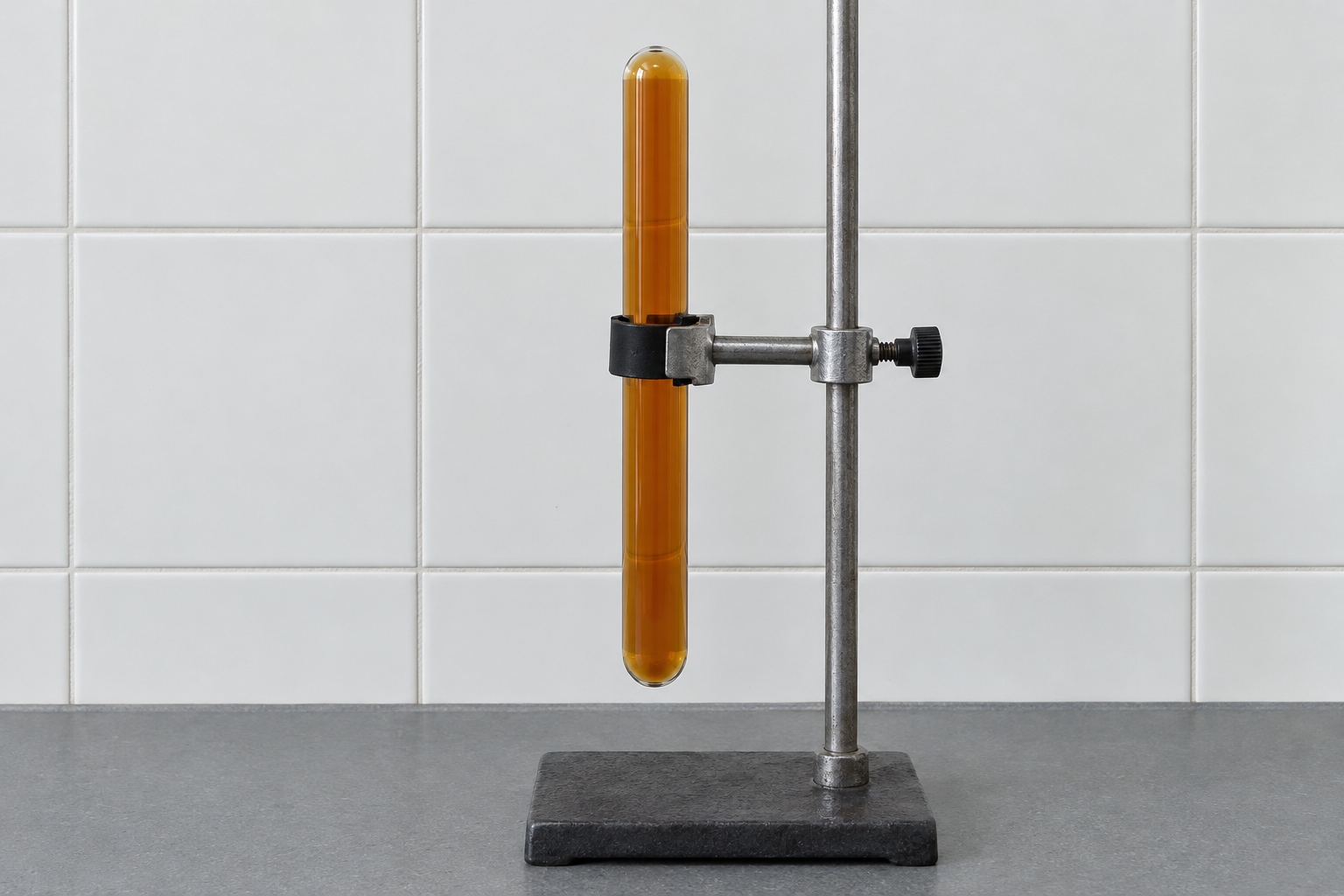 A sealed glass tube held in a clamp, filled with an amber-brown gas of one even shade.
